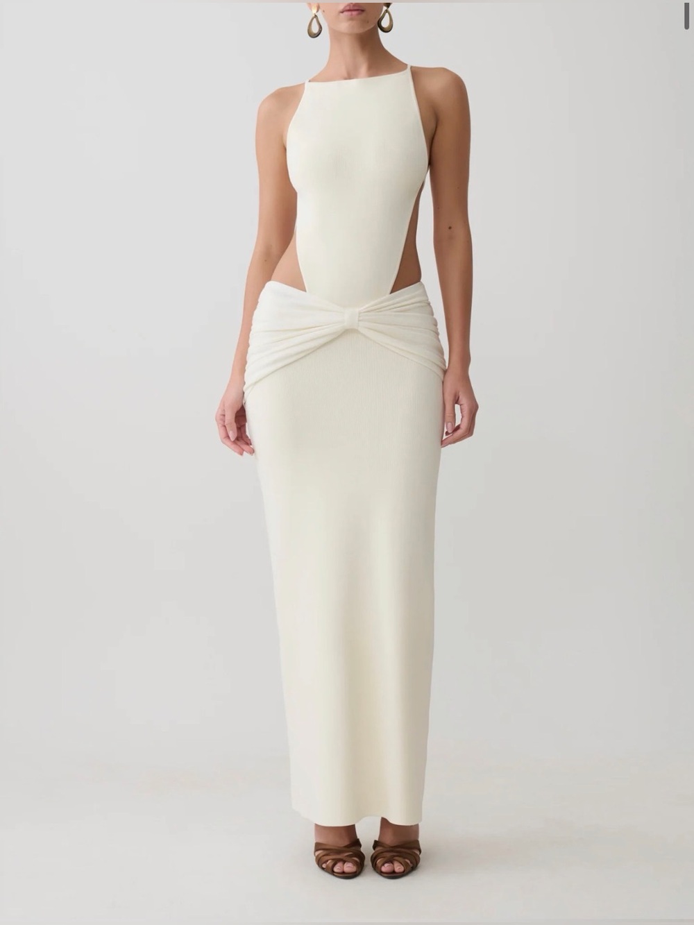 Meshki Ivory Cutout Halter Maxi Dress with Knot Detail